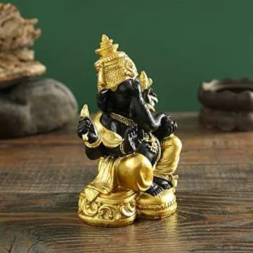 YODOOLTLY Hindu Ganesha Figurine- Indian Gold Black Lord Elephant God Ganesha Idol Statue Buddha Sculpture for Home Car Decor