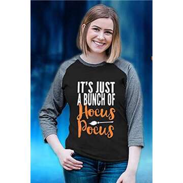 It's Just A Bunch of Hocus Pocus Halloween T Shirt Women 3/4 Sleeve Raglan Baseball Fall Graphic Tee Tops Black