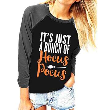 It's Just A Bunch of Hocus Pocus Halloween T Shirt Women 3/4 Sleeve Raglan Baseball Fall Graphic Tee Tops Black