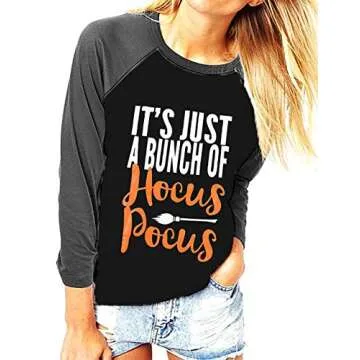 It's Just A Bunch of Hocus Pocus Halloween T Shirt Women 3/4 Sleeve Raglan Baseball Fall Graphic Tee Tops Black