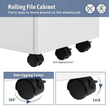 HollyHOME Under Desk Cabinet, Deep 2-Drawer Mobile Wood Cabinet, Storage Cabinet for Home, Rolling Cabinets for Office, Rolling Printer Stand, for A4, Modern, White