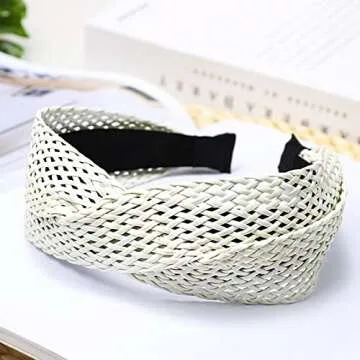 i-lan 2 Pack Rattan Headbands with Bowknot, Comfy Brown White Head Bands with 3 Inch Width, Boho Padded Hair Band Headwear Hoop for Girls, Ladies, Women