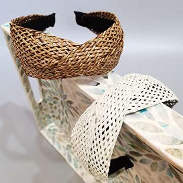 i-lan 2 Pack Rattan Headbands with Bowknot, Comfy Brown White Head Bands with 3 Inch Width, Boho Padded Hair Band Headwear Hoop for Girls, Ladies, Women