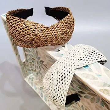 i-lan 2 Pack Rattan Headbands with Bowknot, Comfy Brown White Head Bands with 3 Inch Width, Boho Padded Hair Band Headwear Hoop for Girls, Ladies, Women