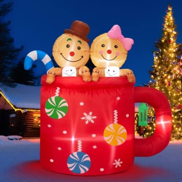 6 FT Christmas Inflatables Decorations, Gingerbread Man in Hot Cocoa Mug with Built-in LED Lights, X...