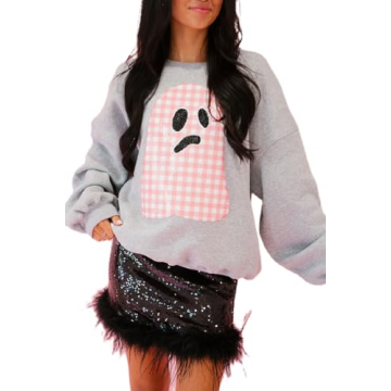 Argeousgor Women Halloween Sweatshirt Sequin Ghost Oversized Long Sleeve Sweater Pumpkin Pullover To...