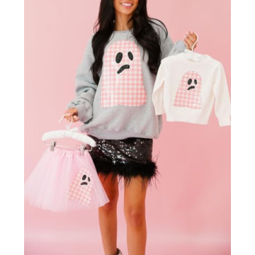 Argeousgor Women Halloween Sweatshirt Sequin Ghost Oversized Long Sleeve Sweater Pumpkin Pullover Tops Shirt(Gray,XL)