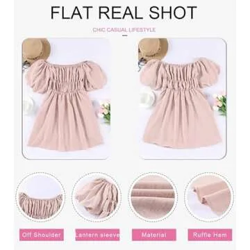 Dokotoo Off Shoulder Wedding Guest Dresses for Women 2025 Short Puff Sleeve Pink Dress Elastic Waist Ruffle A-Line Casual Mini Beach Dress Large