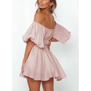 Dokotoo Off Shoulder Wedding Guest Dresses for Women 2025 Short Puff Sleeve Pink Dress Elastic Waist Ruffle A-Line Casual Mini Beach Dress Large