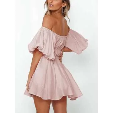 Dokotoo Off Shoulder Wedding Guest Dresses for Women 2025 Short Puff Sleeve Pink Dress Elastic Waist Ruffle A-Line Casual Mini Beach Dress Large