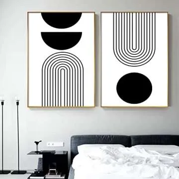 Black and White Geometric Abstract Wall Art Black and White Boho Canvas Painting Minimalist Art Prints Black and White Line Art Mid Century Modern Geometric Wall Art for Home Decor 16x24inch Frameless