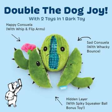 Barkbox 2 in 1 Interactive Plush Dog Toy - Rip and Reveal Toy for Dogs and Puppies - Stimulating Squeaky Pet Toys | Consuela Cactus (Large)