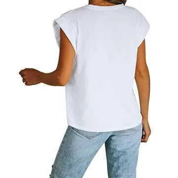 Women's Cap Sleeve Tank Top Crew Neck T Shirts Loose Fit Basic Summer Casual Tee Tops White