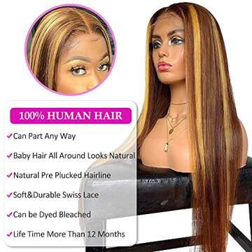Hermosa HD Transparent Highlight Lace Front Wigs Human Hair Pre Plucked 150% Density 9A Highlight 4/27 Human Hair Wigs for Women with Baby Hair Middle Part 16 inch