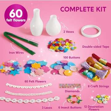 Klever Kits Button Flower Craft with 2 Vases - Make Your Own Flower Bouquet with Button and Felt - DIY Kits Art and Crafts Gift for Birthday