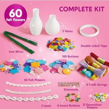 Klever Kits Button Flower Craft with 2 Vases - Make Your Own Flower Bouquet with Button and Felt - DIY Kits Art and Crafts Gift for Birthday