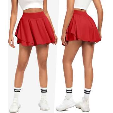 IUGA Tennis Skirt Pleated Skorts for Woman Double Ruffle Golf Skirts for Women Skort with Pockets Tummy Control Athletic Skirt Navy Red