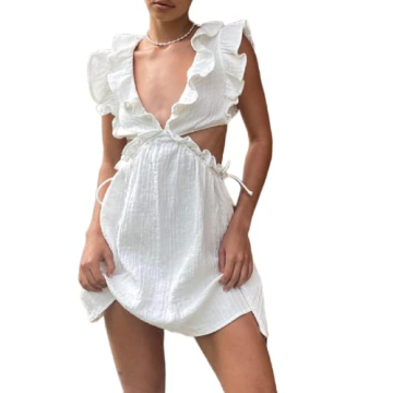 Argeousgor Elegant Ruched Mini Dress Square Neck Lace