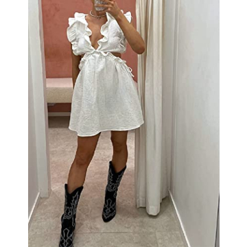 Argeousgor Elegant Ruched Mini Dress Square Neck Lace