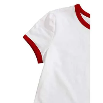 Verdusa Women's Contrast Binding Short Sleeve Slim Fitted Ringer Crop Tee Top White and Red M