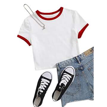 Verdusa Women's Contrast Binding Short Sleeve Slim Fitted Ringer Crop Tee Top White and Red M