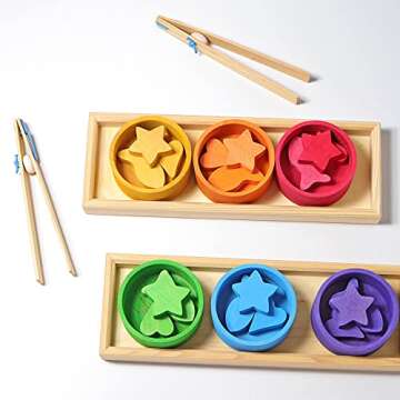 Grimm's Rainbow Bowls Shape & Color Sorting Game/Activity Set with 2 Pairs of Grabbing Tongs