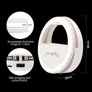 Raphycool Selfie Light Rechargeable, Selfie Ring Light Phone, 1500Mah Power-Bank 36 Led Light Clip on Cellphone Compatible with iPhone iPad Samsung Galaxy Photography Camera,White