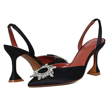 EAZZ Women's High Heeled Sandals Pointed Toe Crystal Satin Rhinestone Backless Slingback Stiletto Slip On Pumps