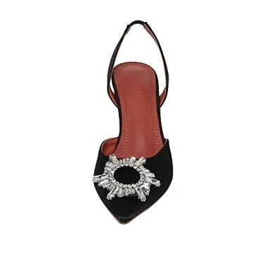 EAZZ Women's High Heeled Sandals Pointed Toe Crystal Satin Rhinestone Backless Slingback Stiletto Slip On Pumps