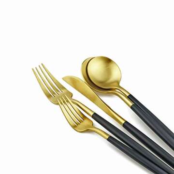 Gugrida Black Gold Flatware, Royal 20 Piece Matte Black Handle 18/10 Stainless Steel Tableware Sets for 4 Including Forks Spoons Knives, Camping Silverware Travel Utensils Set Cutlery (Black Gold)