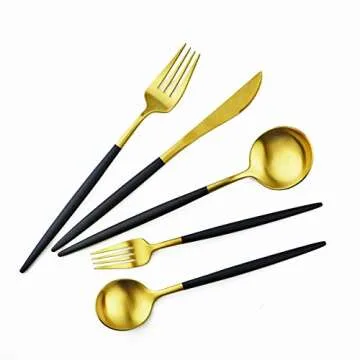 Gugrida Black Gold Flatware, Royal 20 Piece Matte Black Handle 18/10 Stainless Steel Tableware Sets for 4 Including Forks Spoons Knives, Camping Silverware Travel Utensils Set Cutlery (Black Gold)