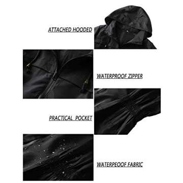 LOMON Women Waterproof Lightweight Rain Jacket Active Outdoor Hooded Raincoat (L, Black1)