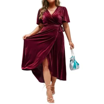 Elegant BerryGo Women's Plus Size Velvet Wrap Midi Dress in Wine Red 4XL