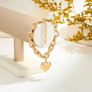 CLASSYZINT Gold Chunky Link Heart Charm Bracelets for Women, Adjustable Rolo Chain Dangling Puffy Heart Charm Bracelets