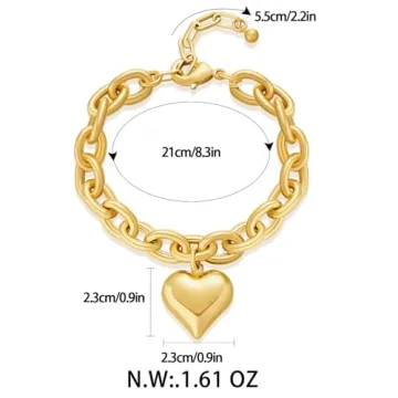 CLASSYZINT Gold Chunky Link Heart Charm Bracelets for Women, Adjustable Rolo Chain Dangling Puffy Heart Charm Bracelets