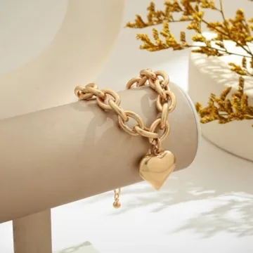 CLASSYZINT Gold Chunky Link Heart Charm Bracelets for Women, Adjustable Rolo Chain Dangling Puffy Heart Charm Bracelets