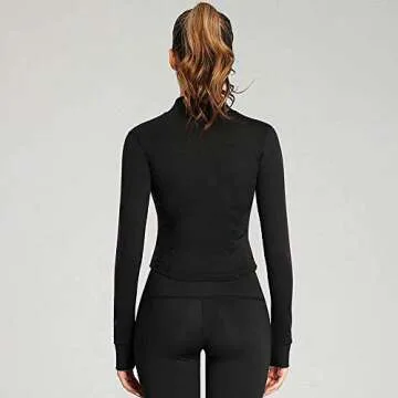 Lviefent Womens Lightweight Full Zip Running Track Jacket Workout Slim Fit Yoga Sportwear with Thumb Holes (Black, Large)