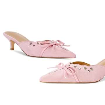 DOEYG Pink Kitten Heels for Women Pointed Toe Heels Dressy Pointy Heeled Mule Heels Bow Studded Vintage Heels Trendy Slip on Stiletto Heels Pumps Size 7.5