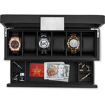 Glenor Co Watch Box with Valet Drawer for Men - 6 Slot Luxury Case Display Organizer, Carbon Fiber Design -Metal Buckle for Mens Jewelry Watches, Men's Storage Holder Boxes has a Large Glass Top