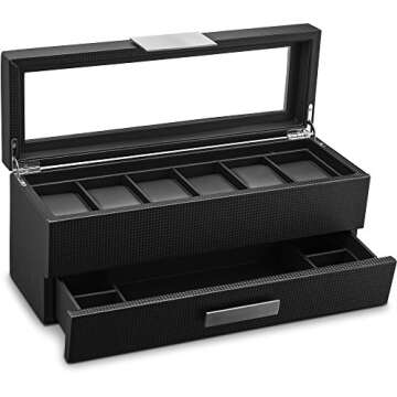 Glenor Co Watch Box with Valet Drawer for Men - 6 Slot Luxury Case Display Organizer, Carbon Fiber Design -Metal Buckle for Mens Jewelry Watches, Men's Storage Holder Boxes has a Large Glass Top