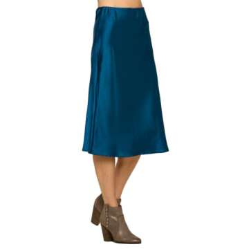 Women Solid High Waist Silky Casual Elastic Satin Midi Skirt - Made in USA(X-Large,Teal)