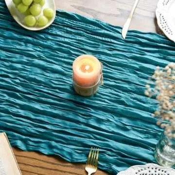 Boho Cheesecloth Gauze Teal Blue Wedding Table Runner, Seasonal Spring Fabric Kitchen Table Decoration Indoor Holiday Birthday Decor 35x120 Inch