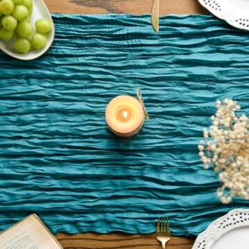 Boho Cheesecloth Gauze Teal Blue Wedding Table Runner, Seasonal Spring Fabric Kitchen Table Decoration Indoor Holiday Birthday Decor 35x120 Inch