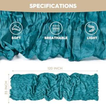 Boho Cheesecloth Gauze Teal Blue Wedding Table Runner, Seasonal Spring Fabric Kitchen Table Decoration Indoor Holiday Birthday Decor 35x120 Inch