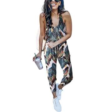 ANRABESS Women's Causal Tank Jumpsuits Sleeveless Drawstring Elastic Waist Loose Summer Romper Outfits with Pockets Leaf Print Small