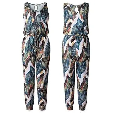 ANRABESS Women's Causal Tank Jumpsuits Sleeveless Drawstring Elastic Waist Loose Summer Romper Outfits with Pockets Leaf Print Small