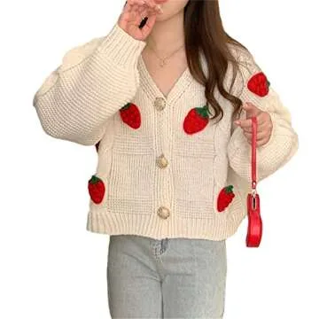 Womens Kawaii Strawberry Knit Cropped Sweater Cute Cardigan Aesthetic for Teen Girls Floral Y2k Korean School Uniform Jacket