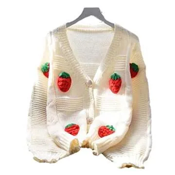 Womens Kawaii Strawberry Knit Cropped Sweater Cute Cardigan Aesthetic for Teen Girls Floral Y2k Korean School Uniform Jacket