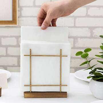 MyGift Contemporary Brass-Tone Wire Metal Upright Napkin Holder with Rustic Burnt Brown Wood Base, D...