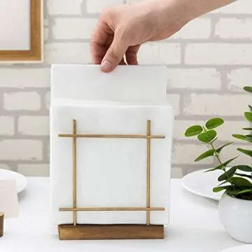 MyGift Contemporary Brass-Tone Wire Metal Upright Napkin Holder with Rustic Burnt Brown Wood Base, D...